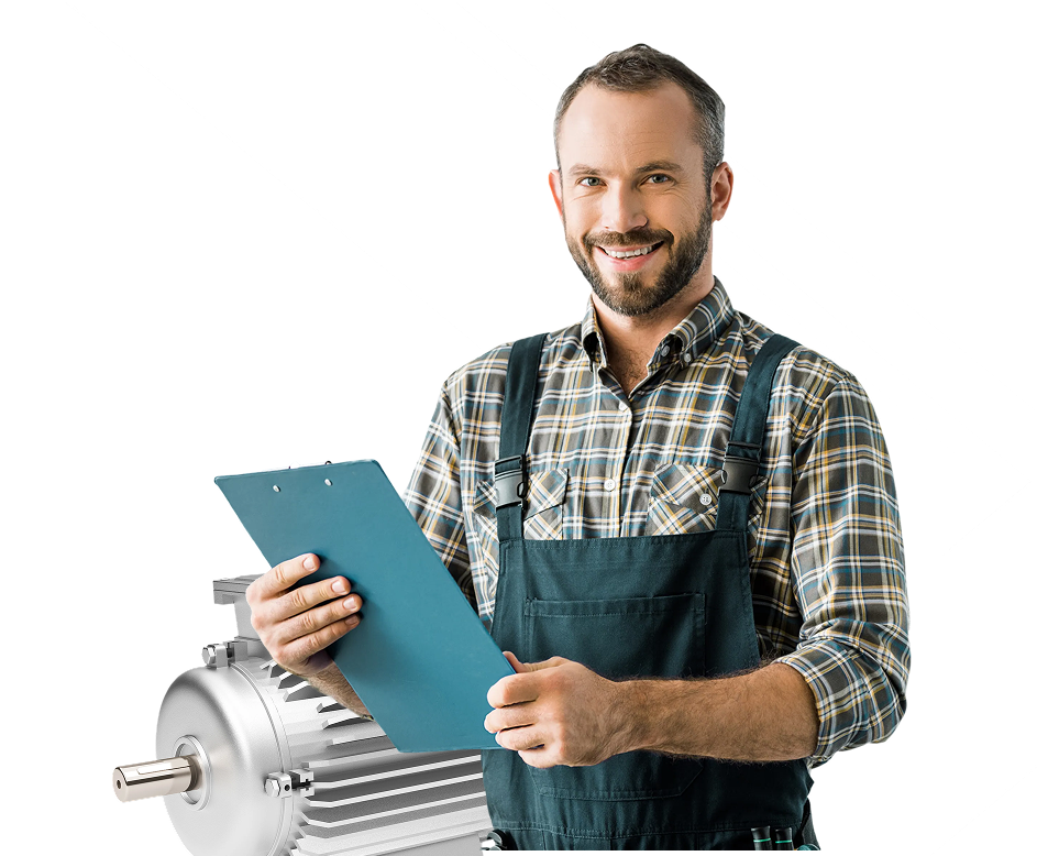 Factory engineer holding clipboard with machinery